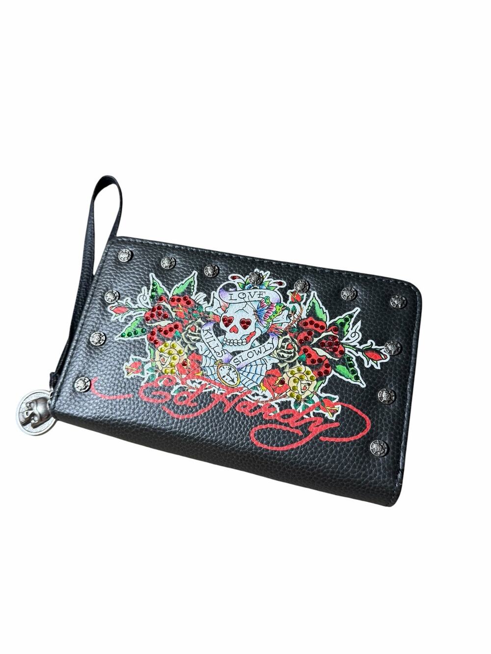 Ed Hardy Love Kills Slowly Skull Studded Zip Around Wallet Clutch NWOT